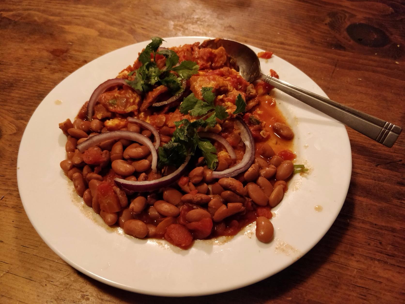 A plate of Chilaquiles with pinto beans on the side